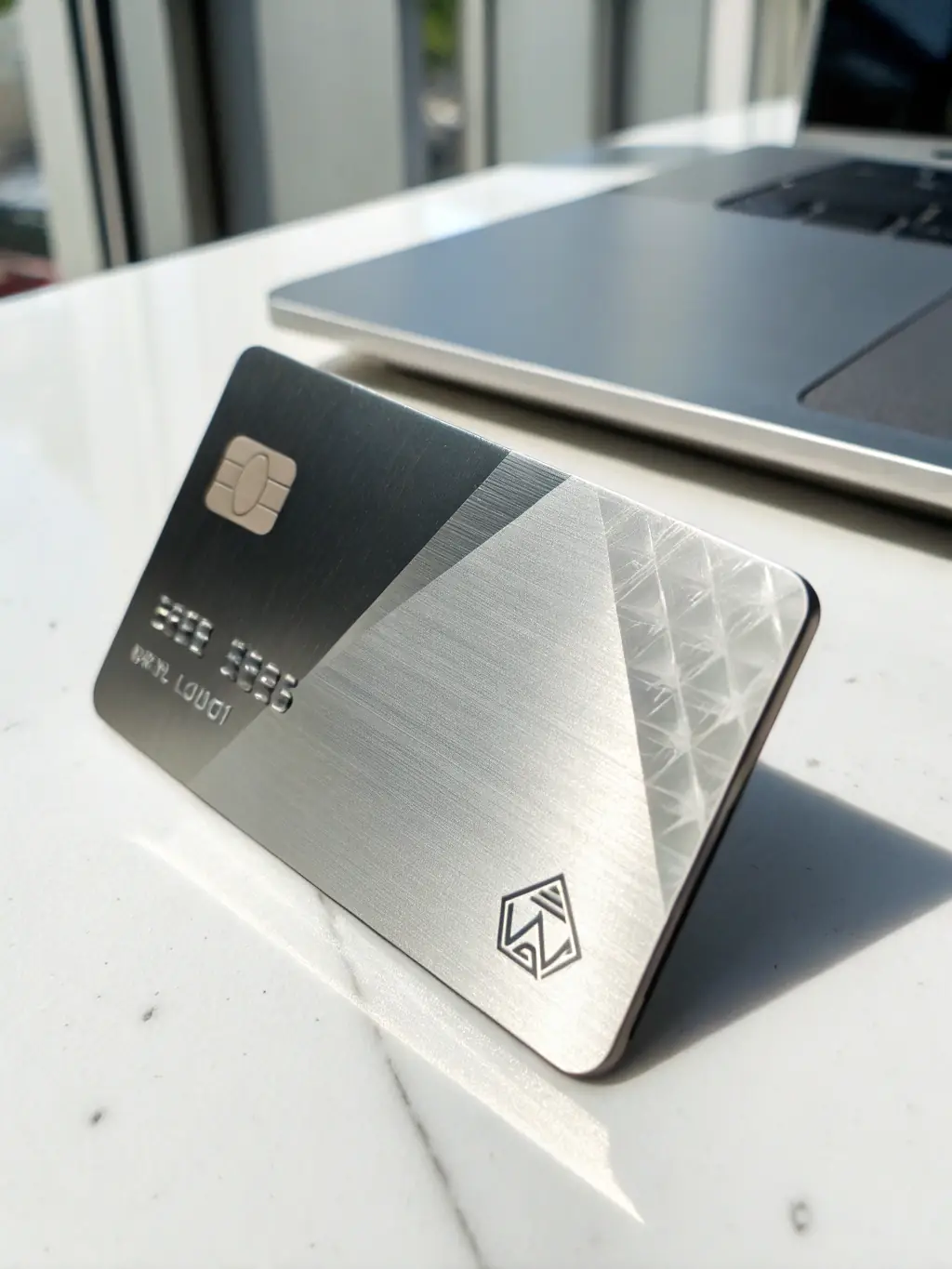 A close-up shot of a sleek, modern Cashet credit card with a metallic finish, resting on a dark, textured surface. The card should be partially visible, highlighting the Cashet logo and design elements.