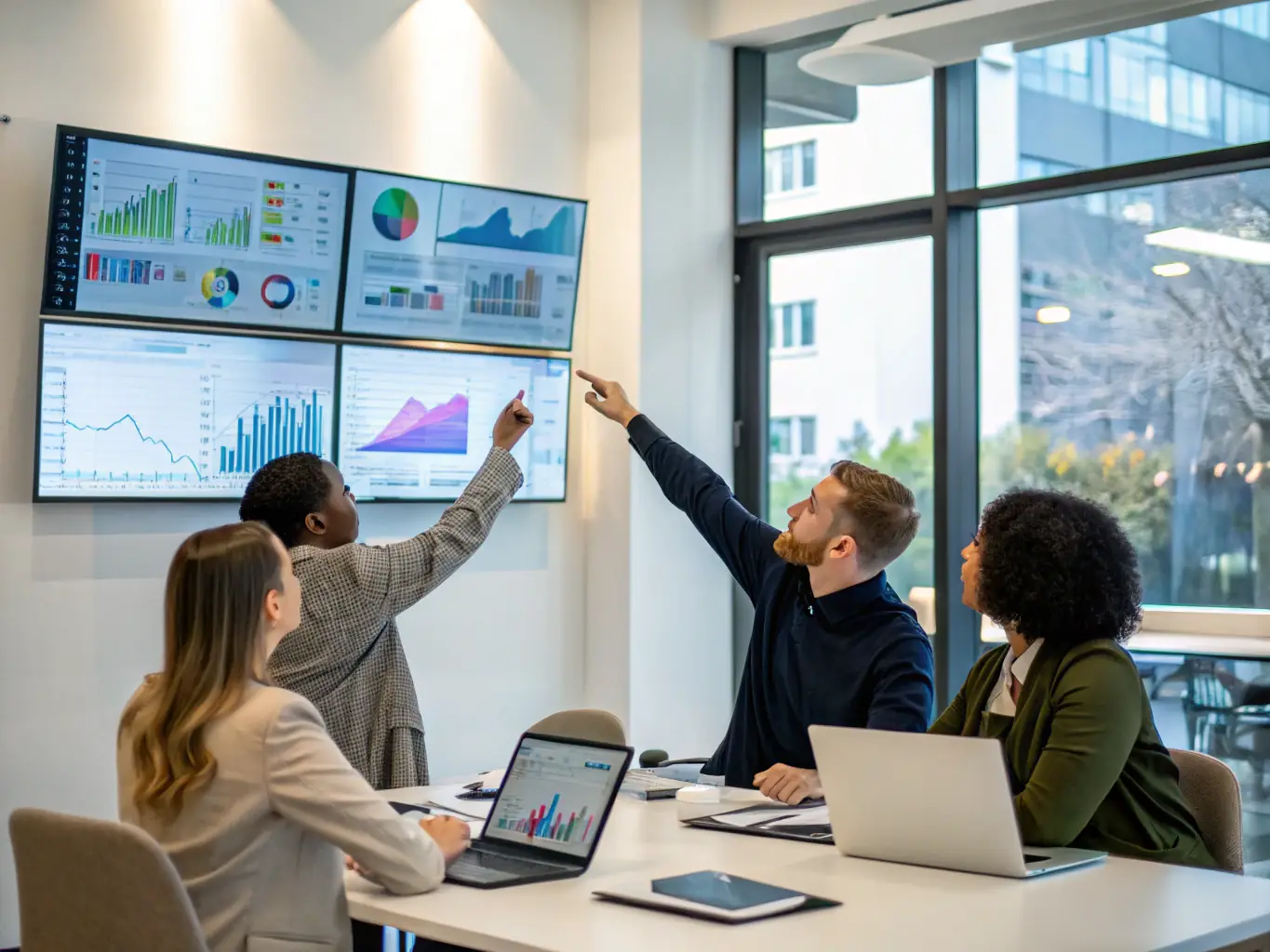 A professional shot of a business team collaborating on financial planning, with Ramp's financial tools displayed on a large screen in the background.